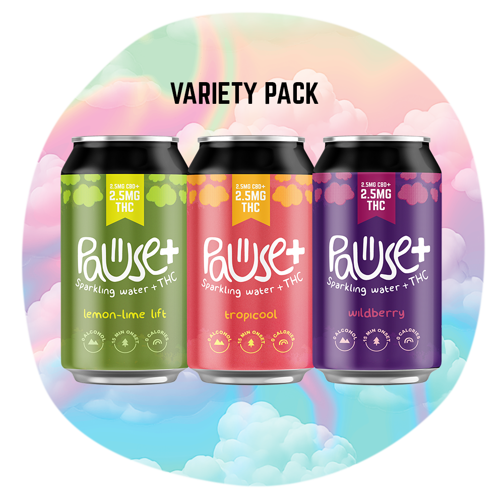 2.5MG THC + CBD infused Pause+ Sparkling Water Variety 6-Pack