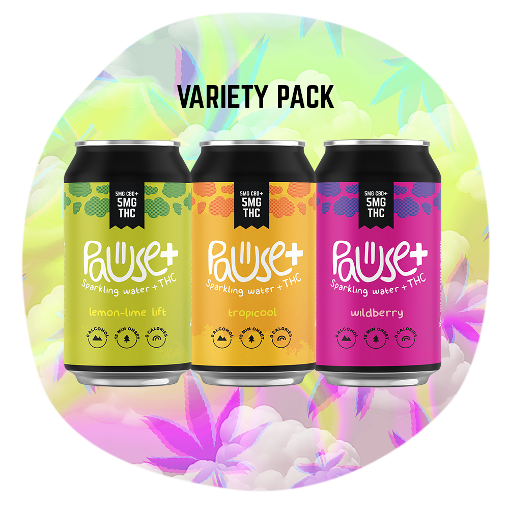 5MG THC + CBD infused Pause+ Sparkling Water Variety 6-Pack
