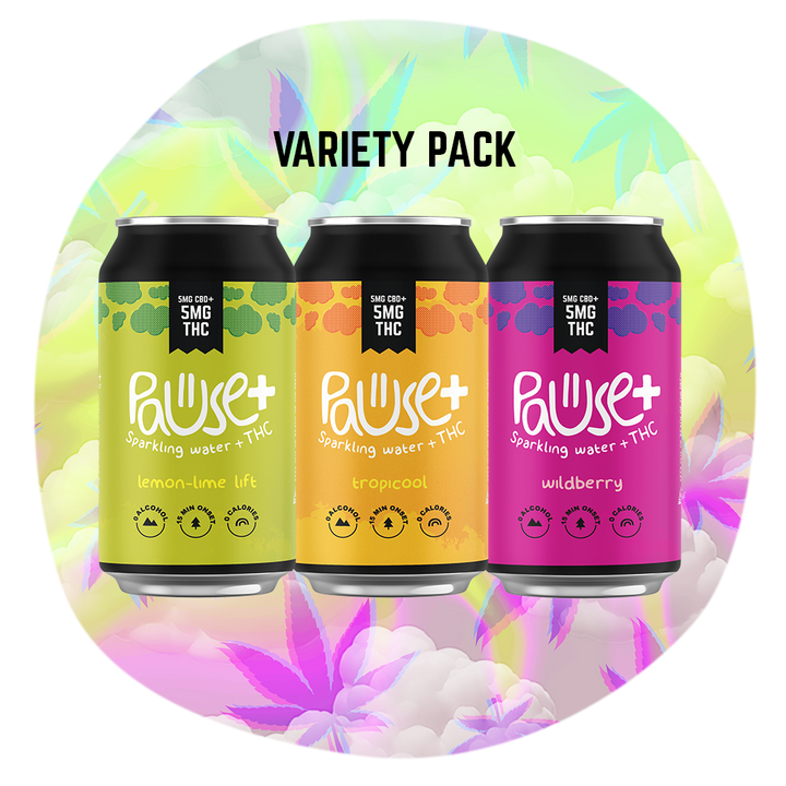 5MG THC + CBD infused Pause+ Sparkling Water Variety 6-Pack