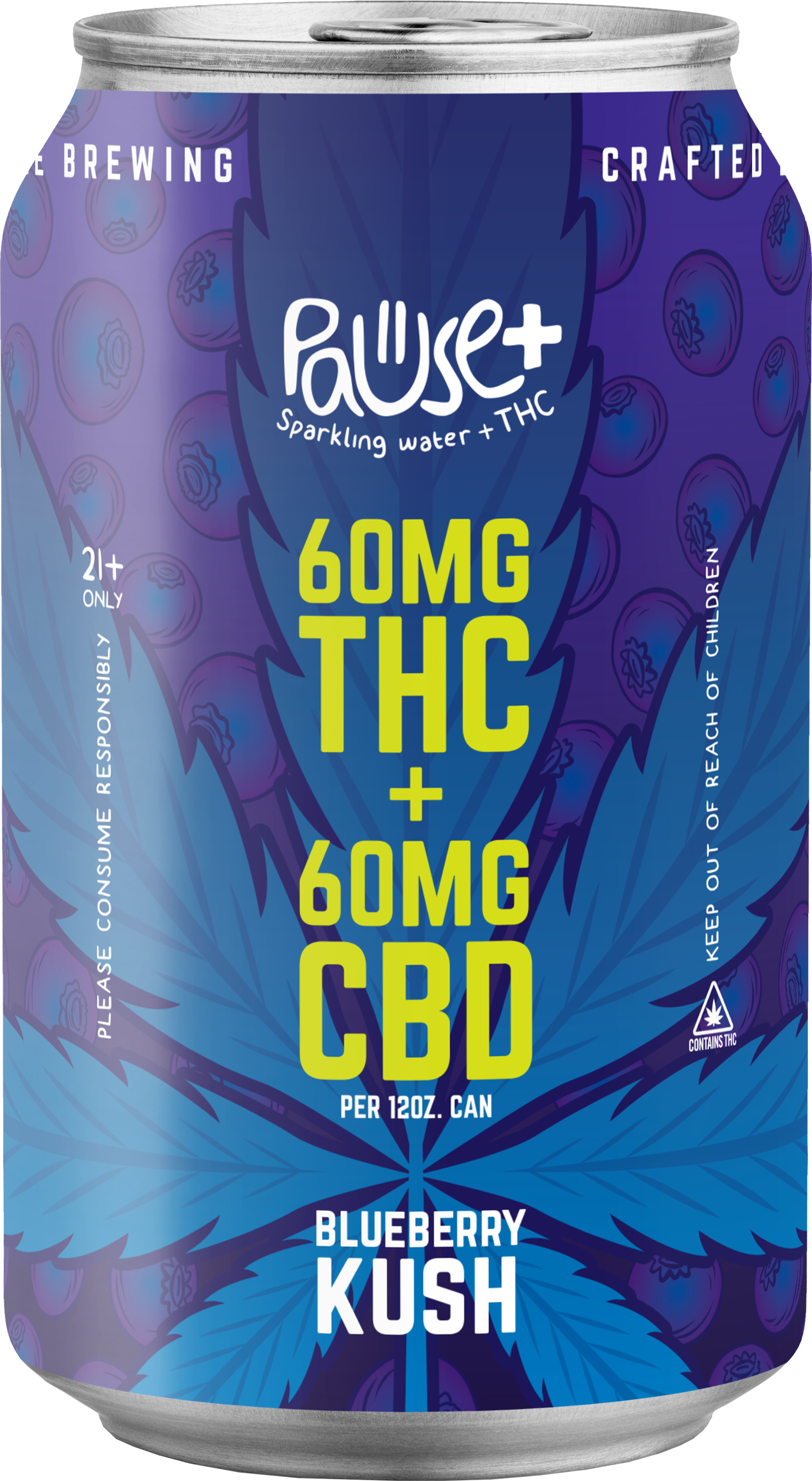 60MG Blueberry Kush THC + CBD infused Pause+ Sparkling Water - SINGLE CAN