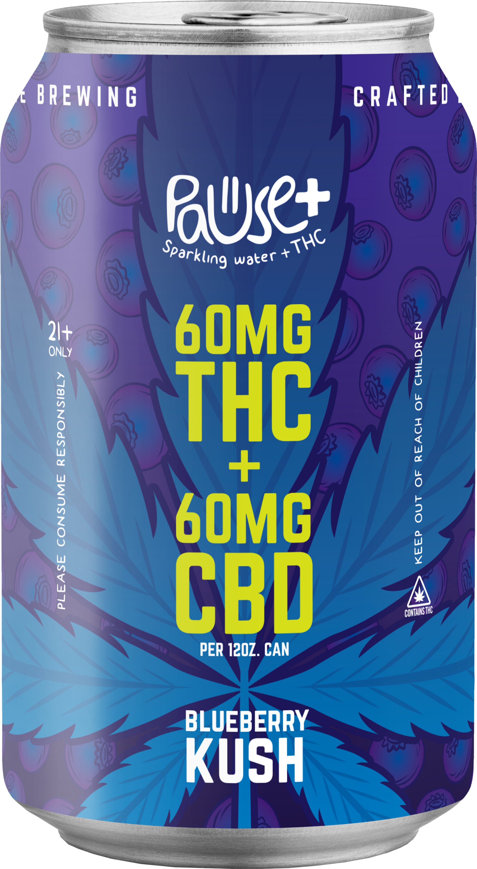 60MG Blueberry Kush THC + CBD infused Pause+ Sparkling Water - SINGLE CAN