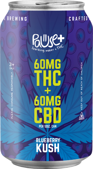 60MG Blueberry Kush THC + CBD infused Pause+ Sparkling Water - SINGLE CAN