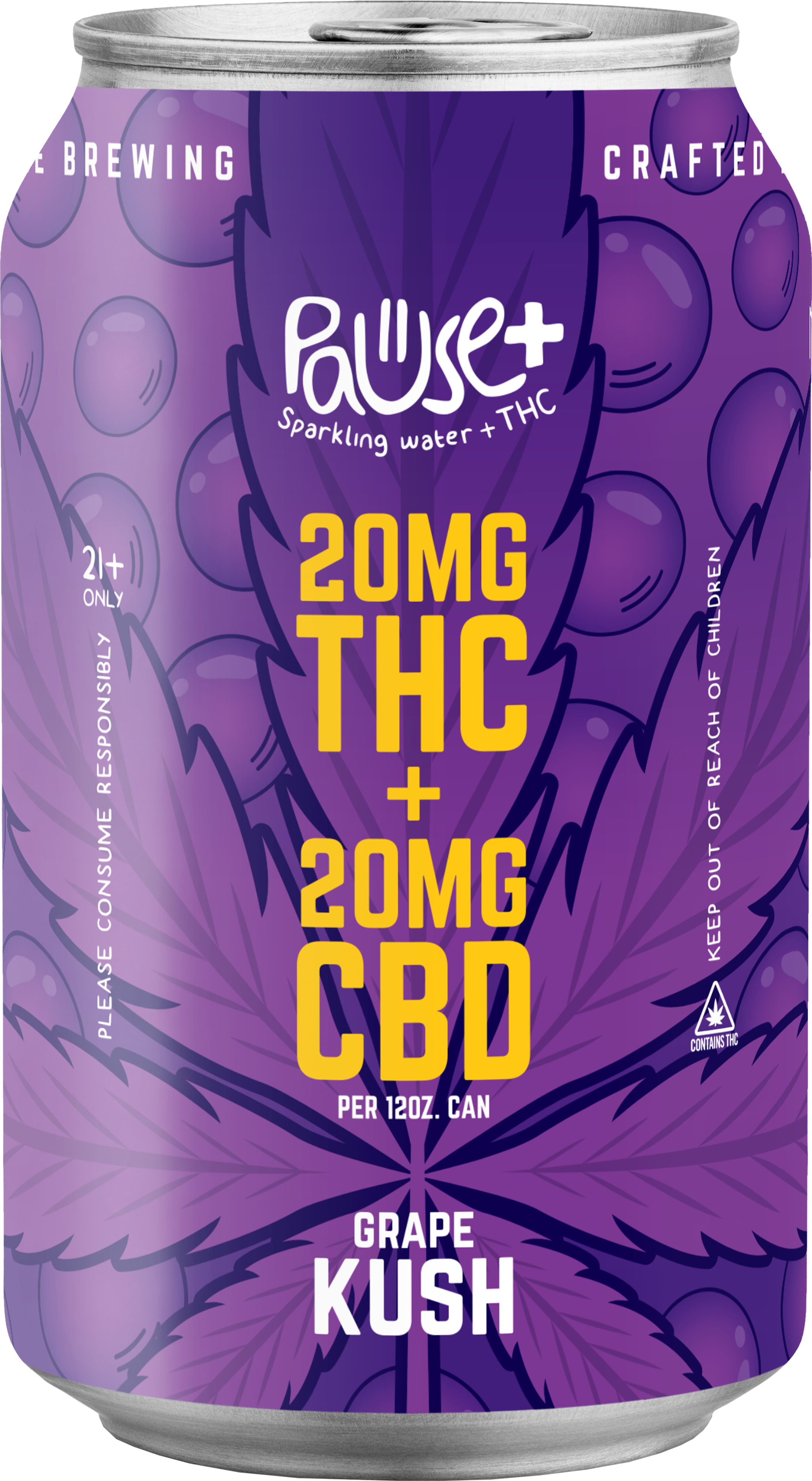 20MG Grape Kush THC + CBD infused Pause+ Sparkling Water 6pk