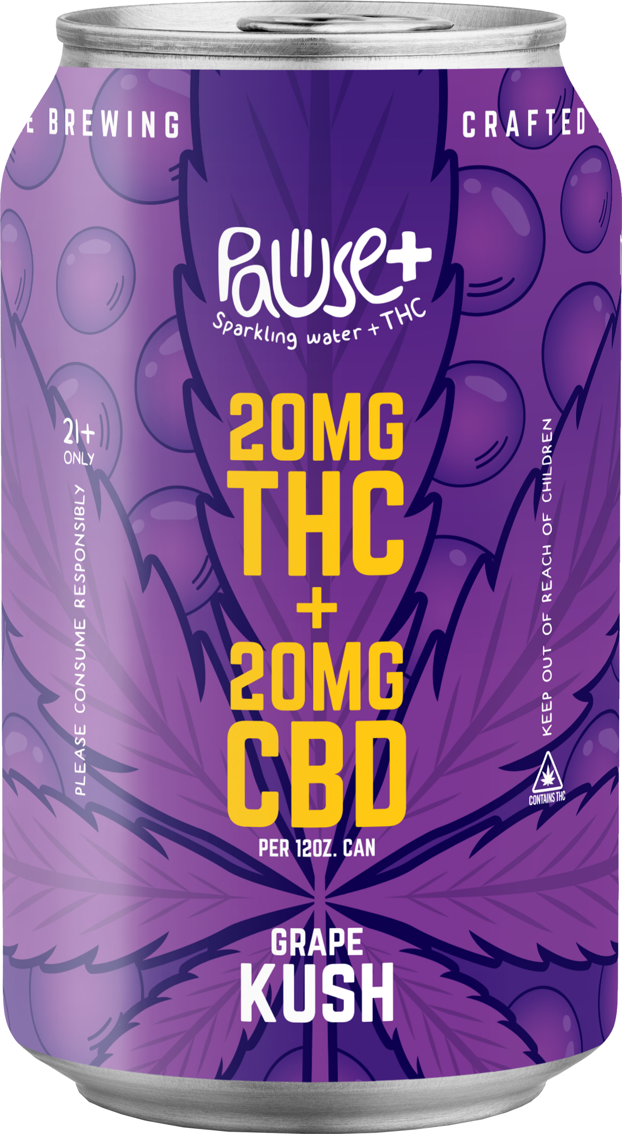 20MG Grape Kush THC + CBD infused Pause+ Sparkling Water 6pk