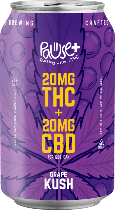 20MG Grape Kush THC + CBD infused Pause+ Sparkling Water 6pk